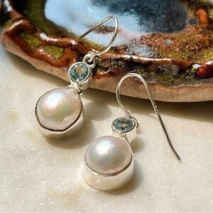 Sterling Silver Baroque Pearl and Blue Topaz Drop Earrings